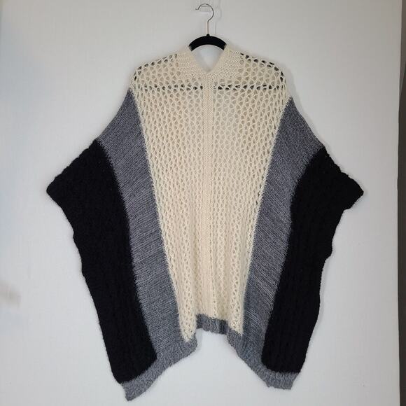 Saachi Kimono Cardigan Sz OS Black Gray Ivory Acrylic Open Front Boho Colorblock - Picture 5 of 9